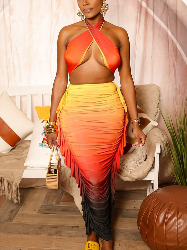 Sunset Ombre Ruched Skirt Set
