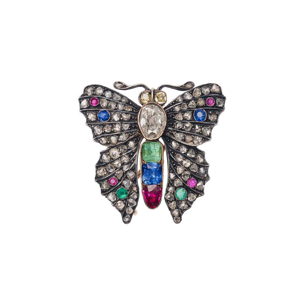 Antique Georgian 14k/Silver-Set Diamond & Gemstone Butterfly Brooch