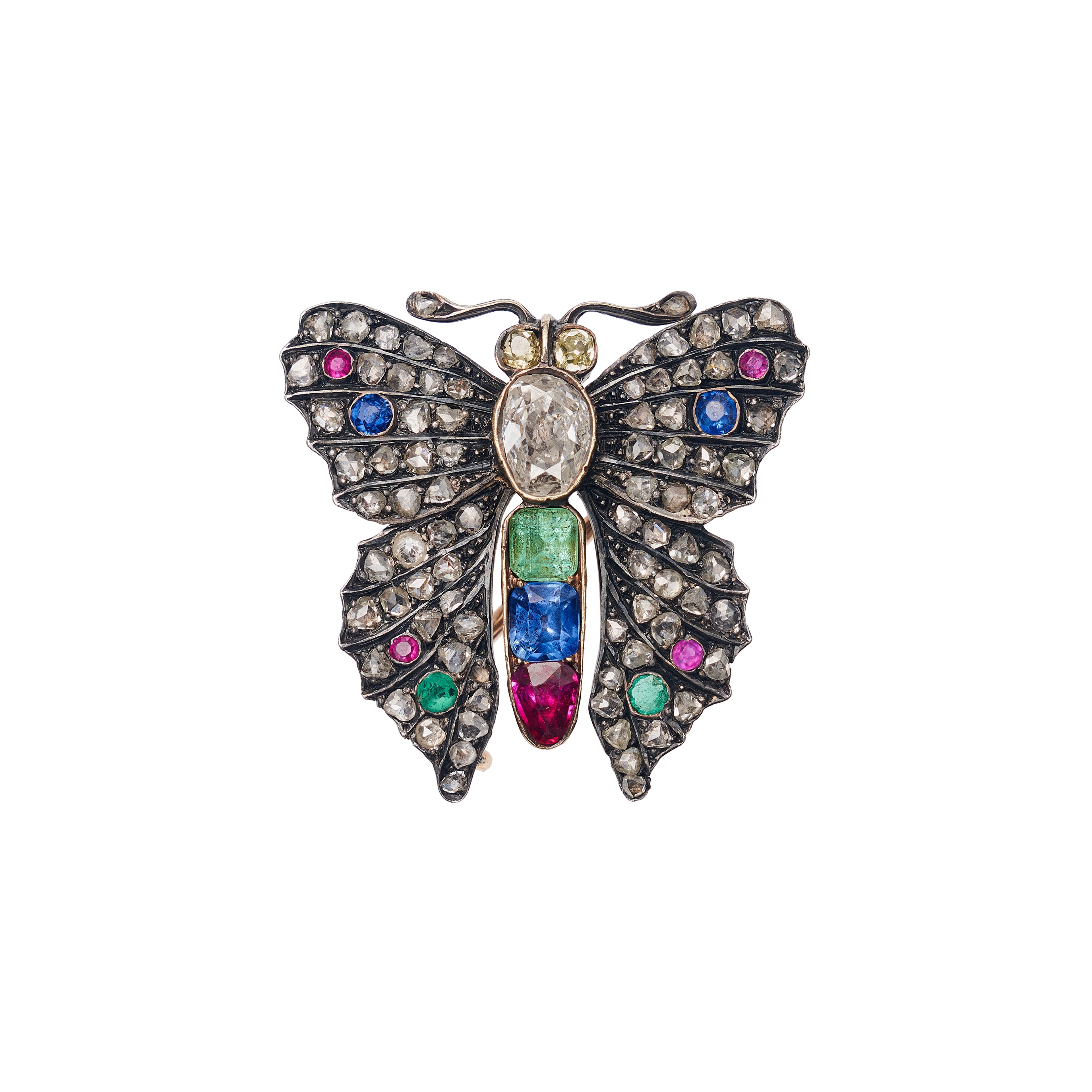 Antique Georgian 14k/Silver-Set Diamond & Gemstone Butterfly Brooch