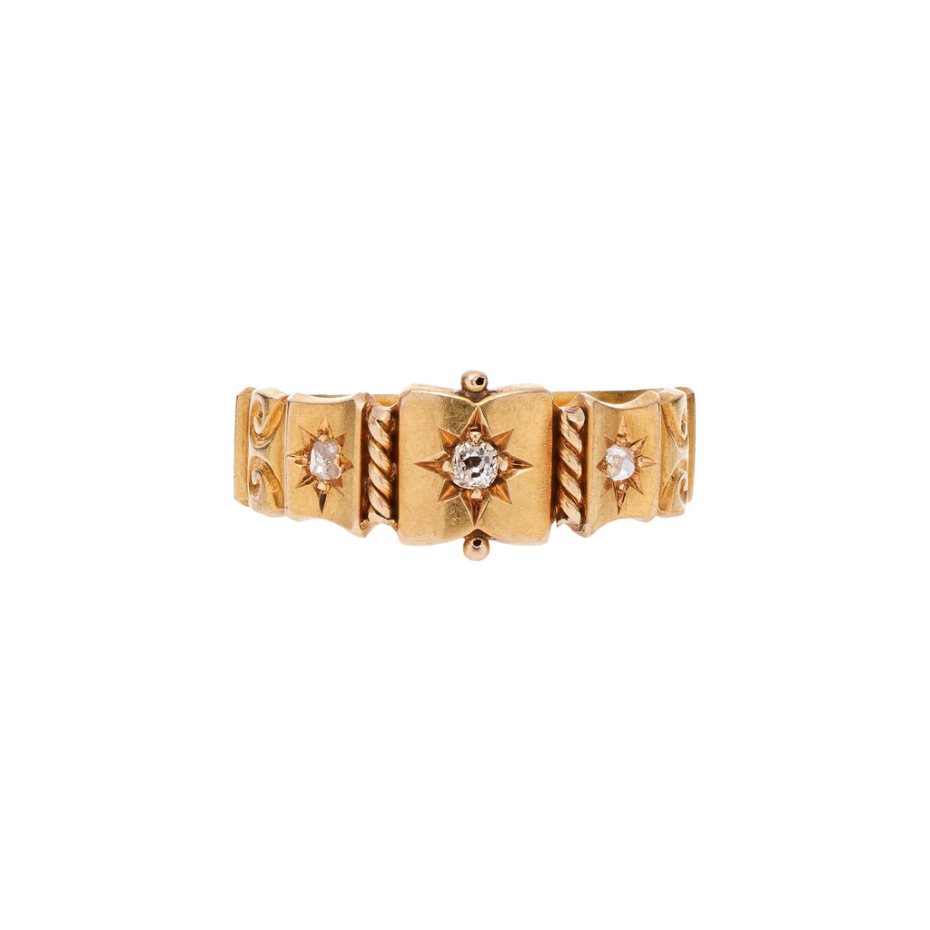 Antique Late Victorian 18k Star Set Diamond Three Paneled Band Ring