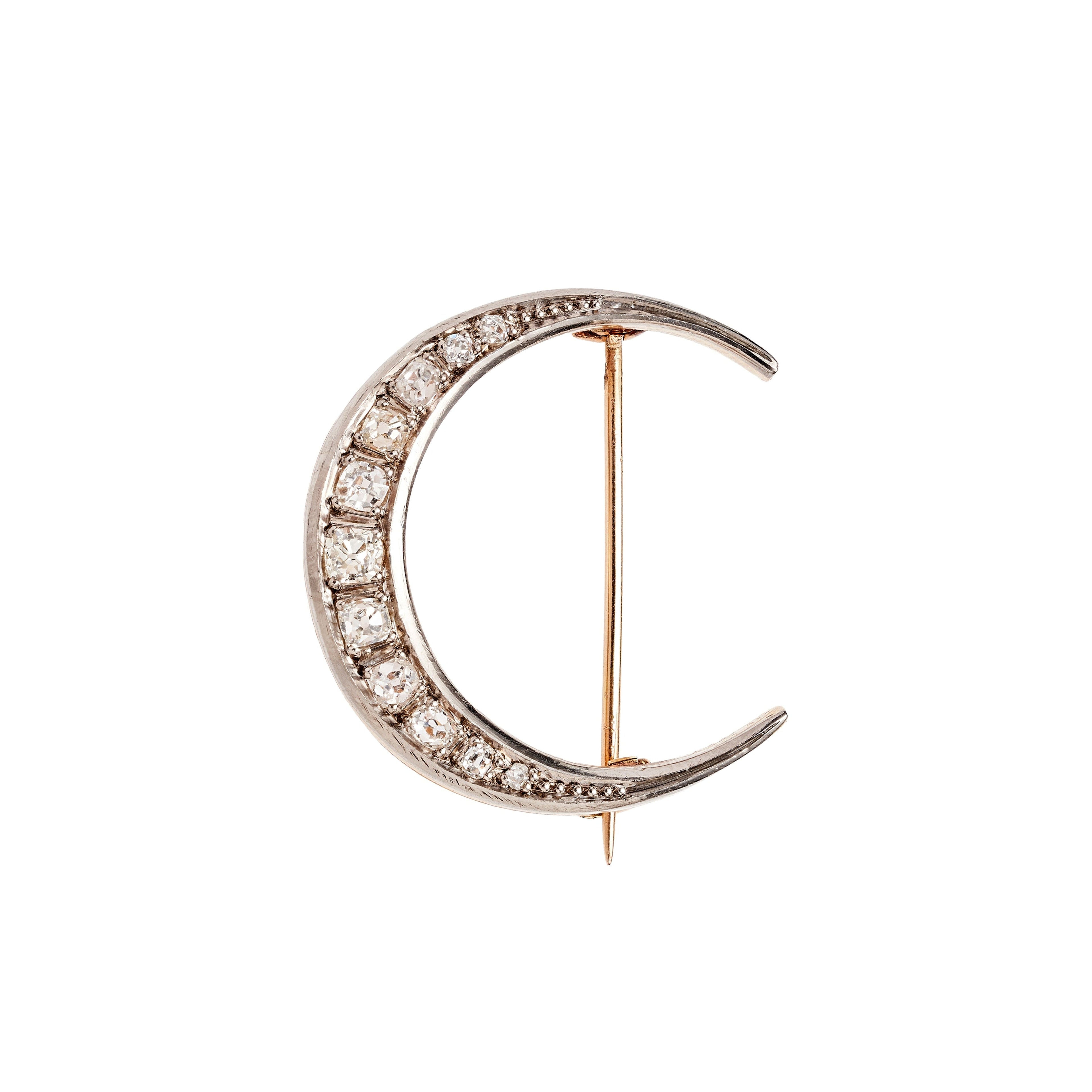Antique Late Victorian 18k/Platinum Diamond Crescent Moon Brooch