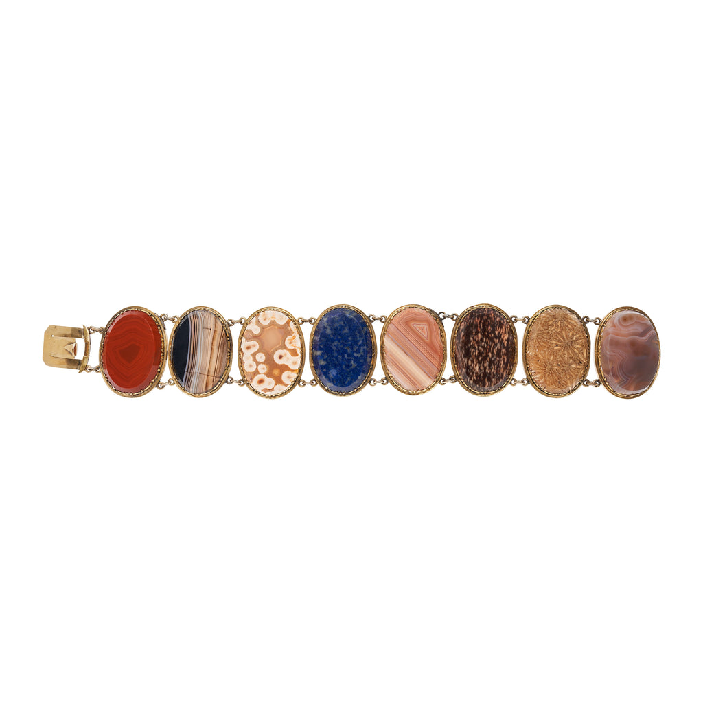 Antique Victorian 15k Mixed Agate & Semiprecious Stone Oval Link Bracelet