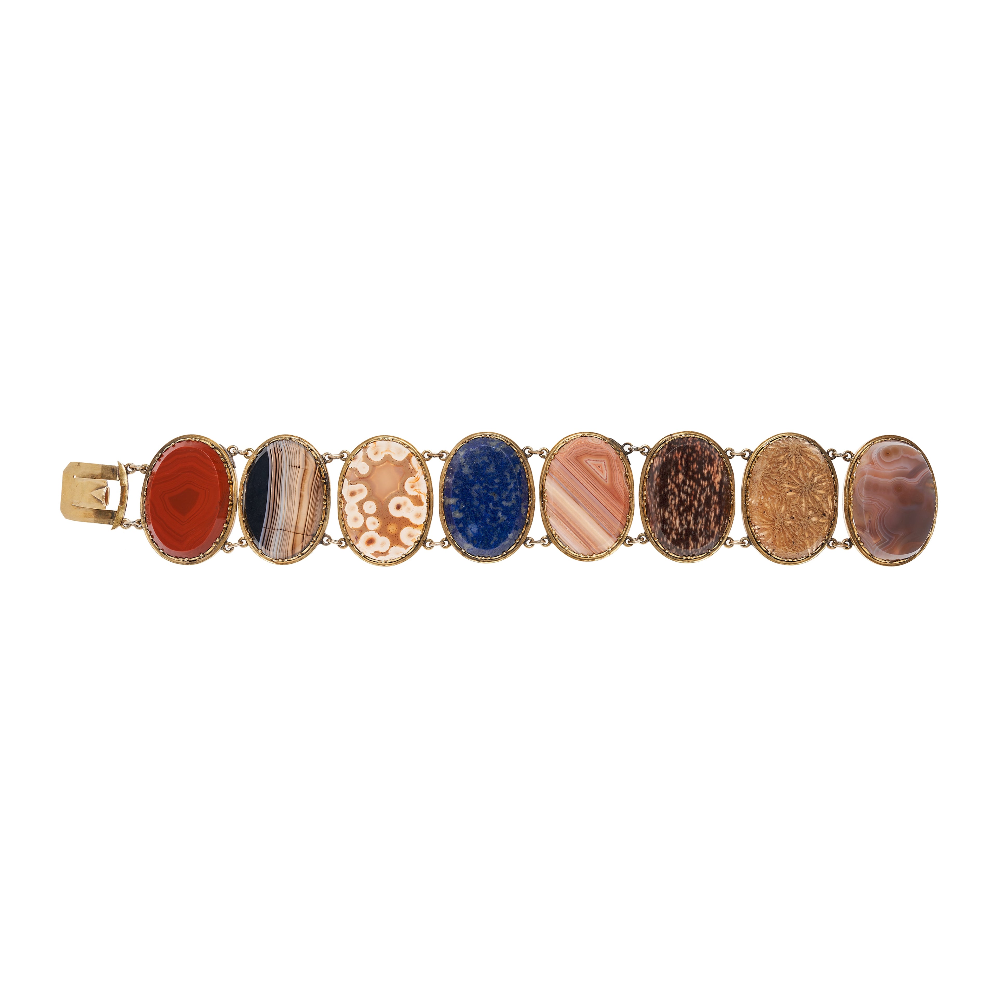 Antique Victorian 15k Mixed Agate & Semiprecious Stone Oval Link Bracelet