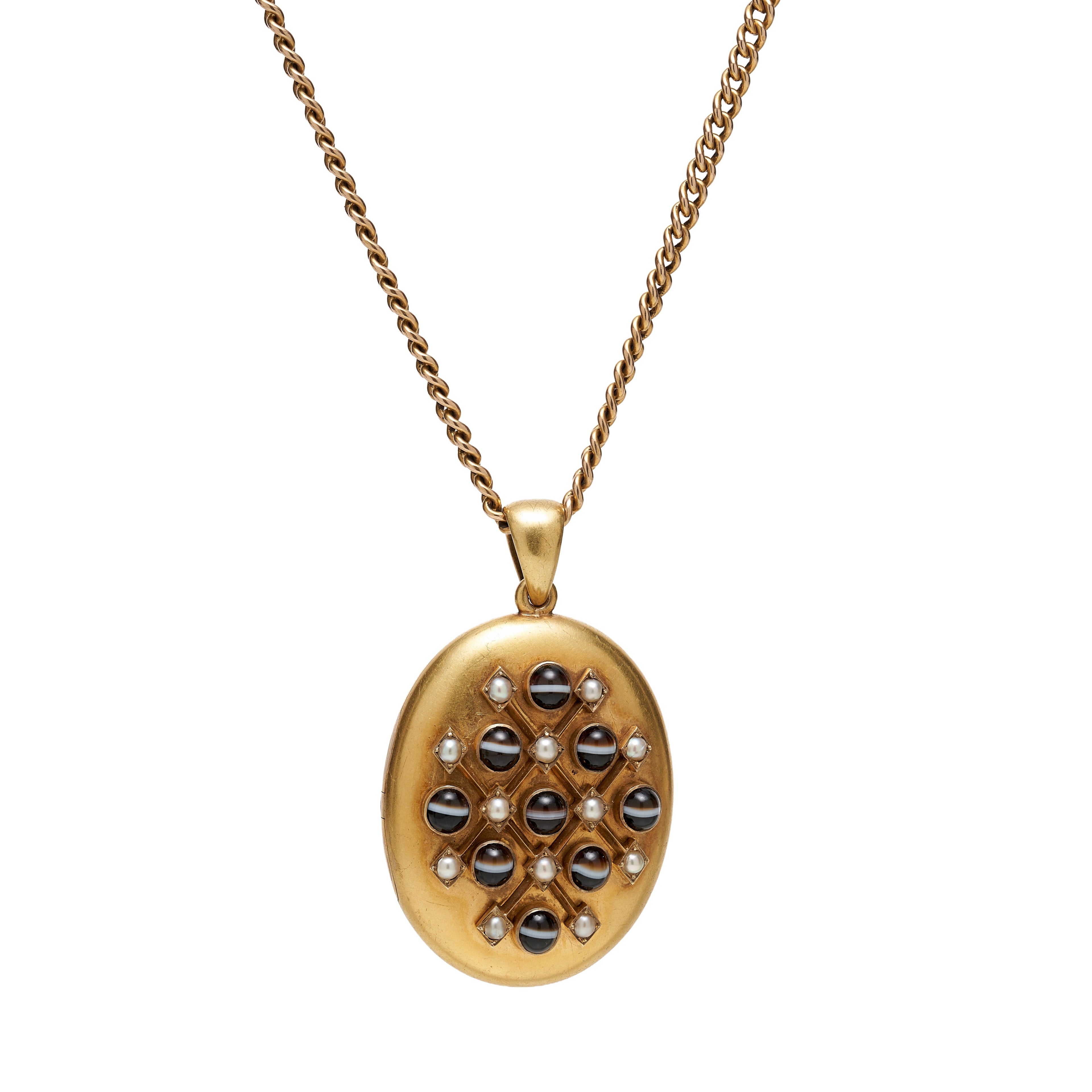 Antique Victorian 18k Banded Agate & Pearl Oval Locket Pendant