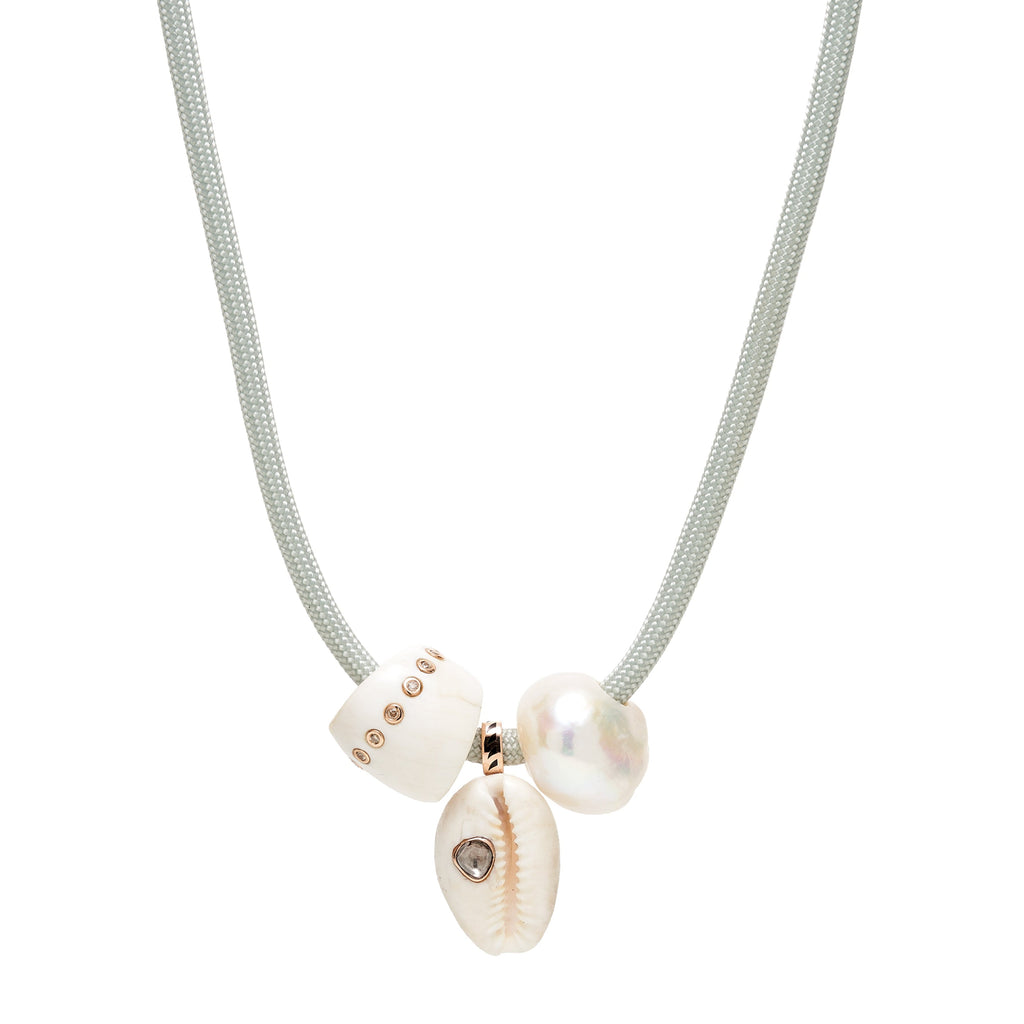 Dezso 18k Diamond Inset White Cowry. Shell Bead and Pearl Necklace on Grey Cord