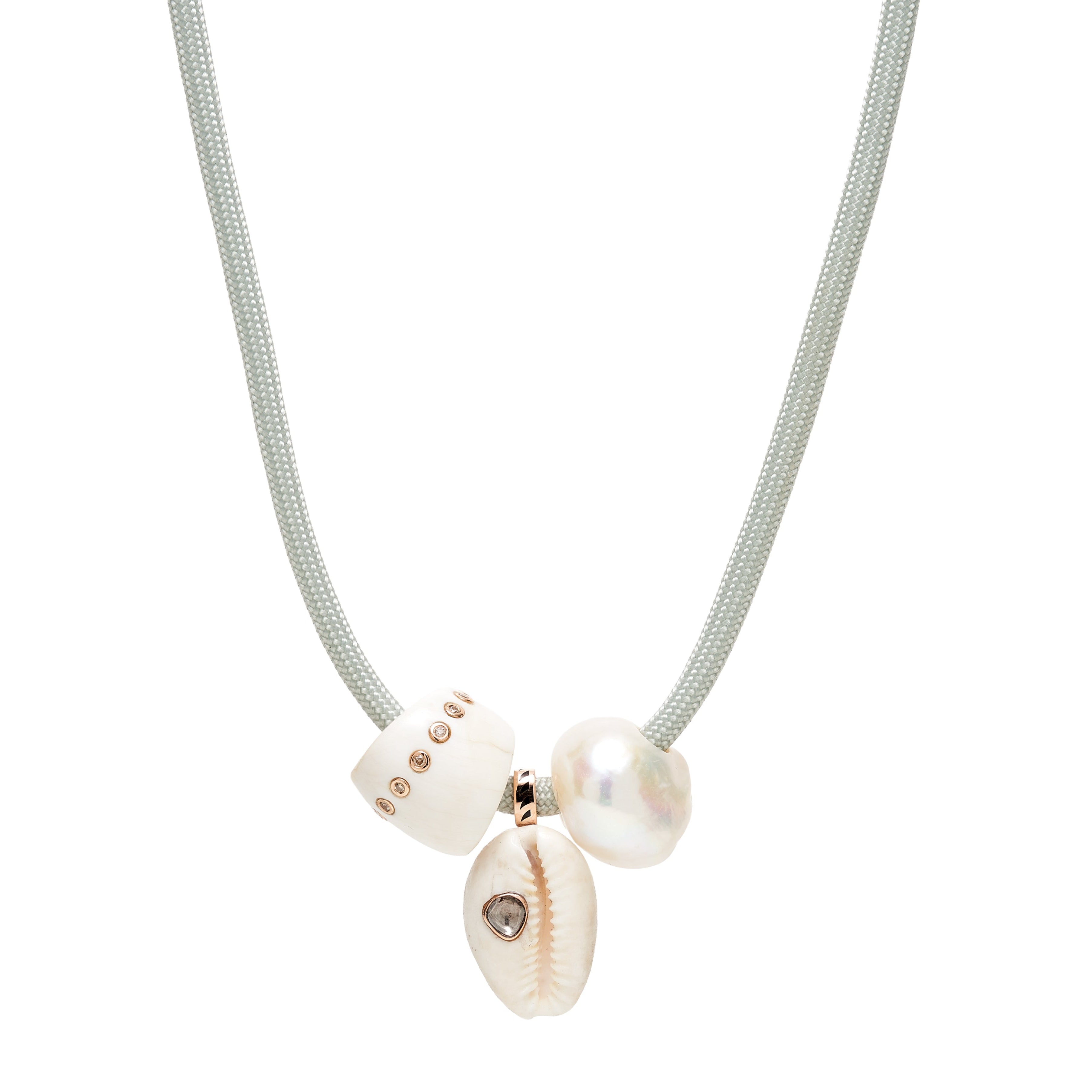 Dezso 18k Diamond Inset White Cowry. Shell Bead and Pearl Necklace on Grey Cord