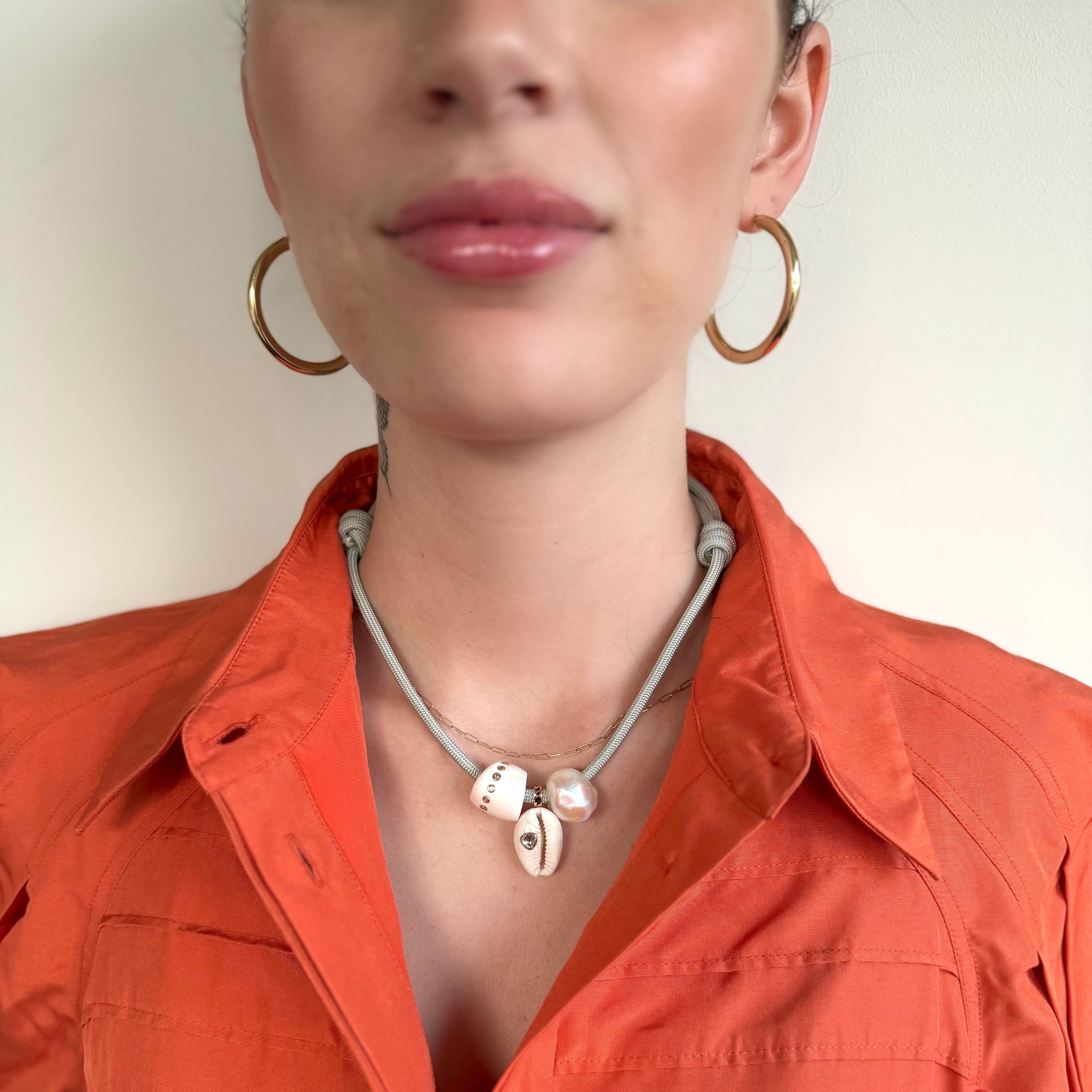 Dezso 18k Diamond Inset White Cowry. Shell Bead and Pearl Necklace on Grey Cord