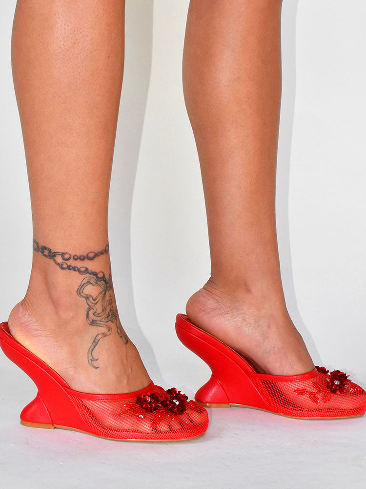 Floral Embroidered Mesh Wedge