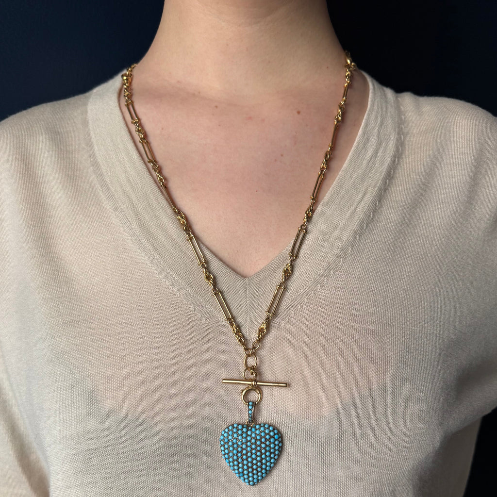 Vintage French 18k Pavé Turquoise Paste Heart Locket Pendant