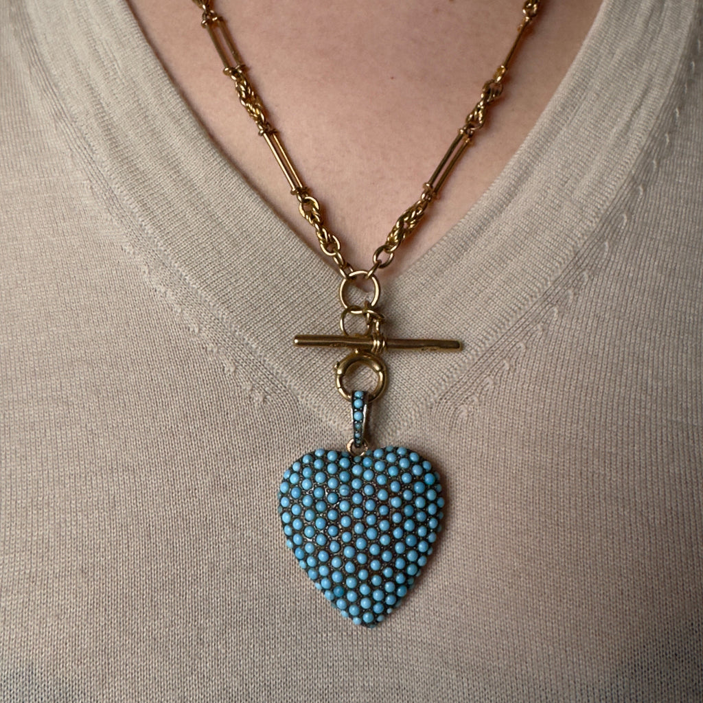 Vintage French 18k Pavé Turquoise Paste Heart Locket Pendant