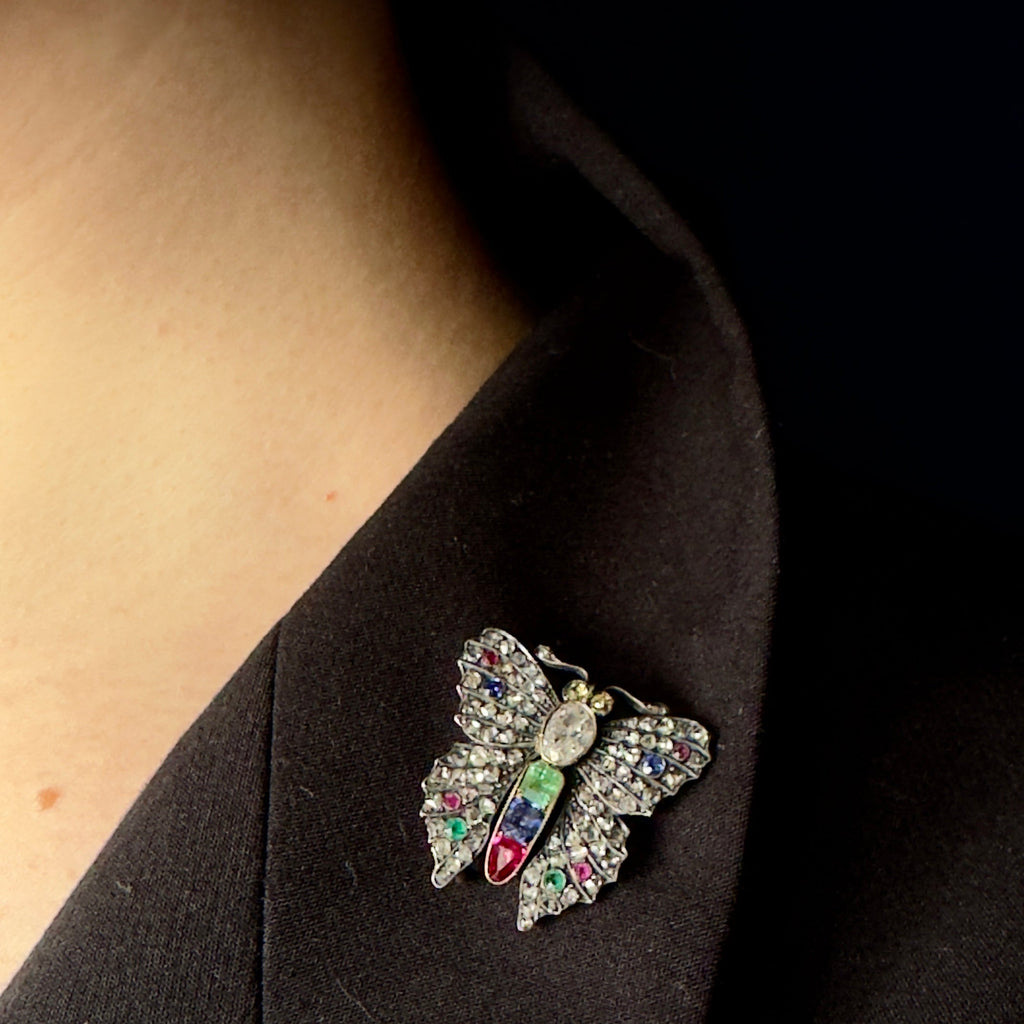 Antique Georgian 14k/Silver-Set Diamond & Gemstone Butterfly Brooch