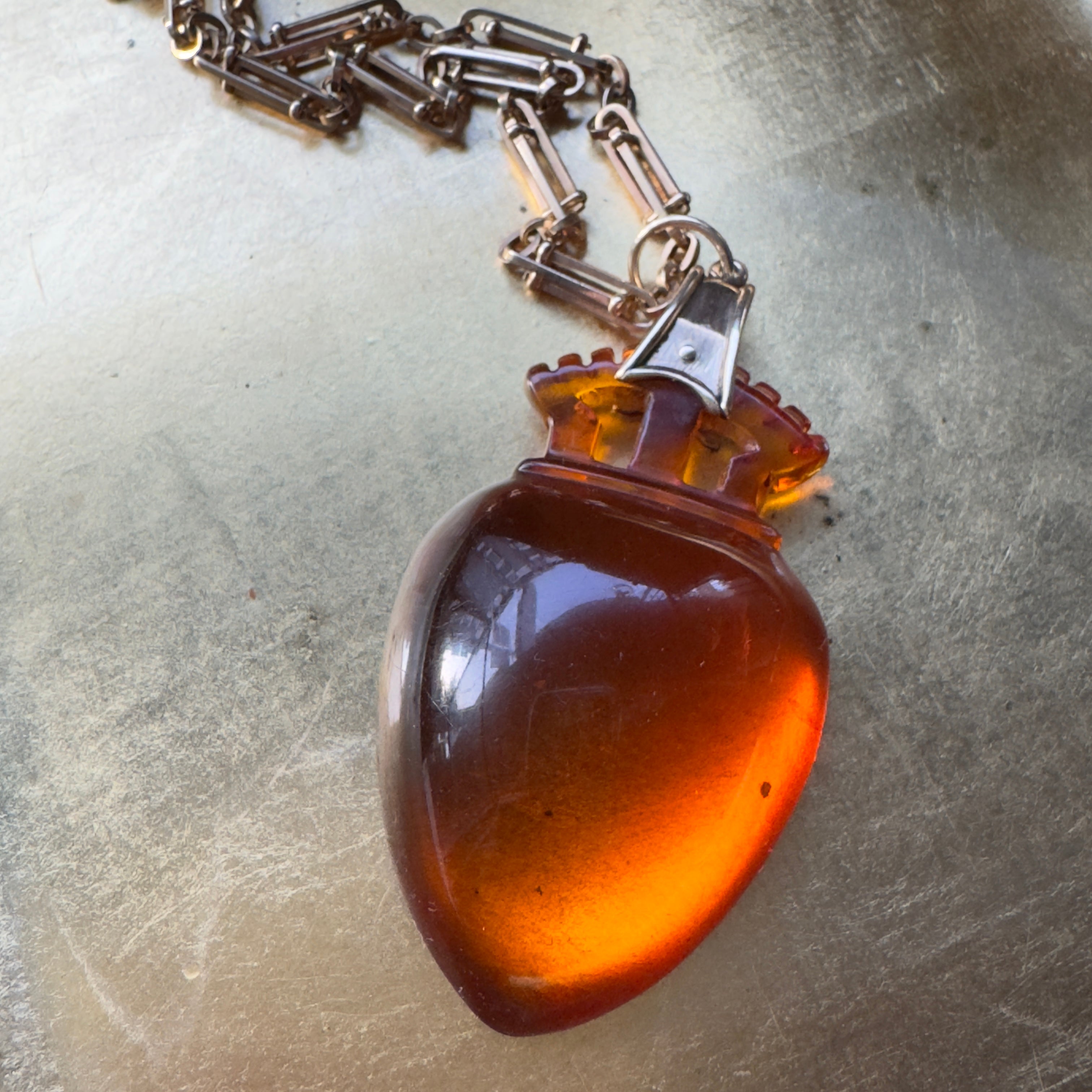 Antique Victorian 14k Amber Crowned Heart Pendant w/ Cuff Bale