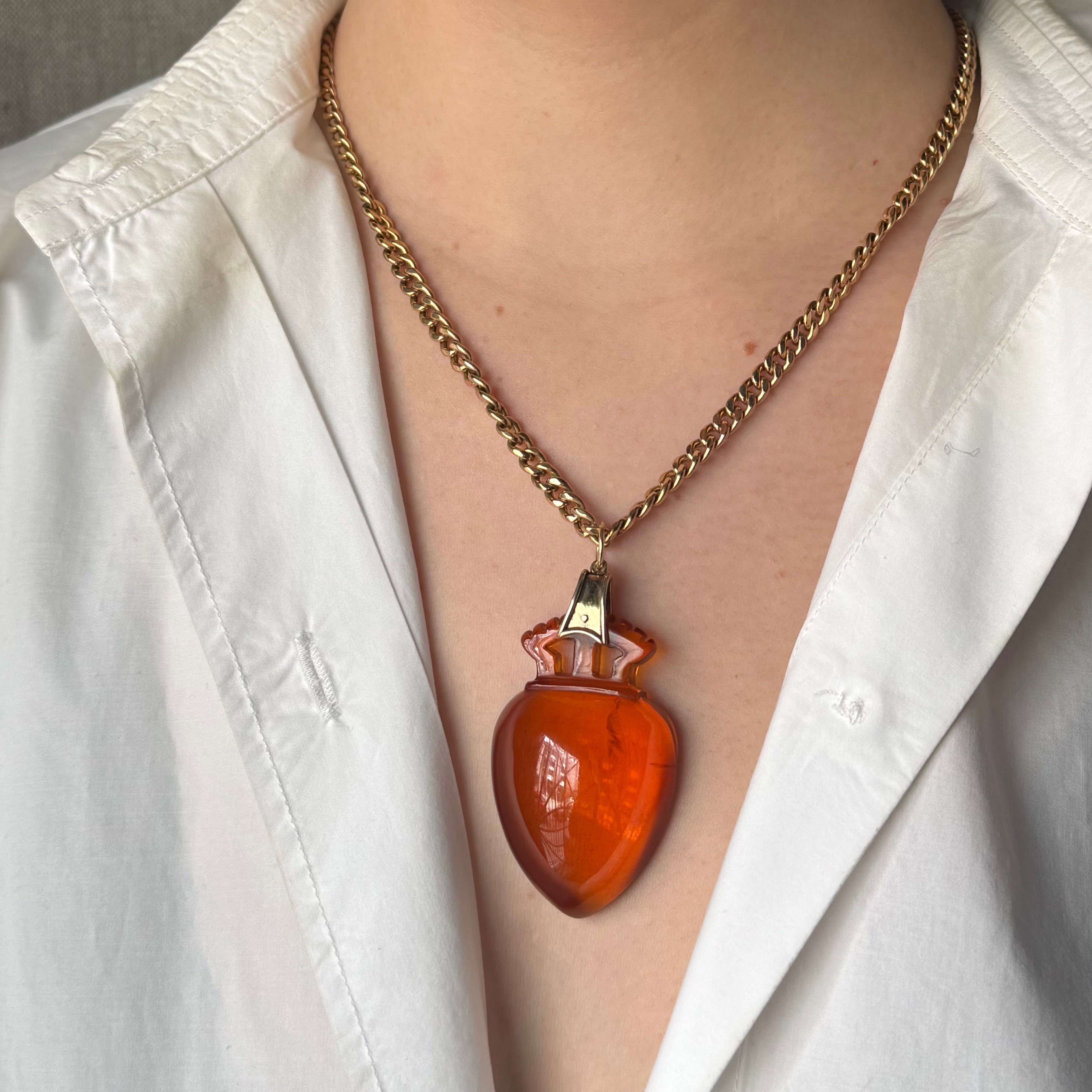 Antique Victorian 14k Amber Crowned Heart Pendant w/ Cuff Bale
