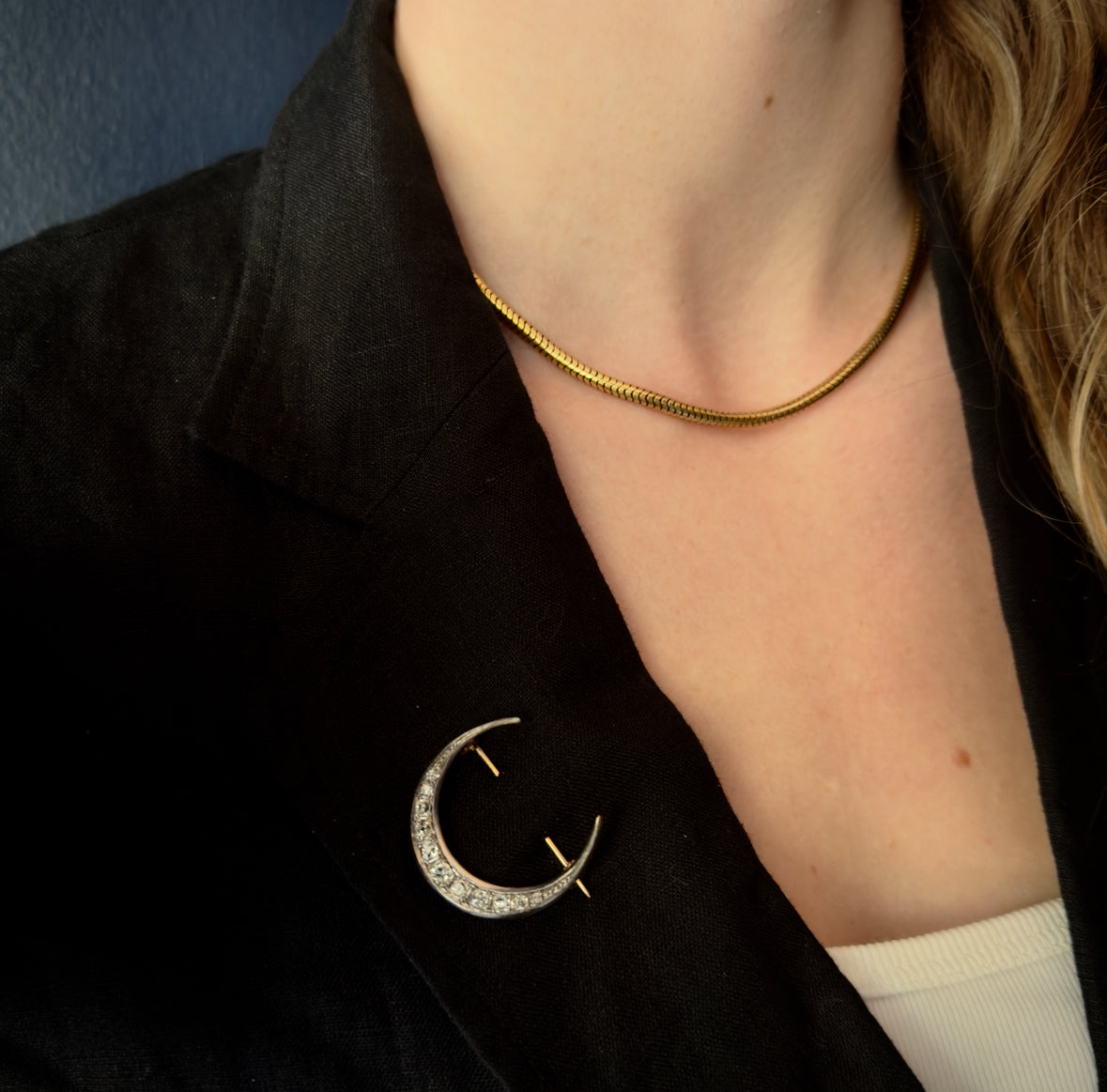Antique Late Victorian 18k/Platinum Diamond Crescent Moon Brooch