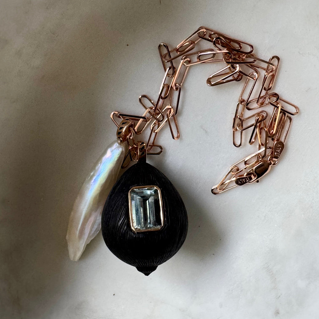 Dezso 18k Grande Pearl Pendant w/ Shark Fin Enameling