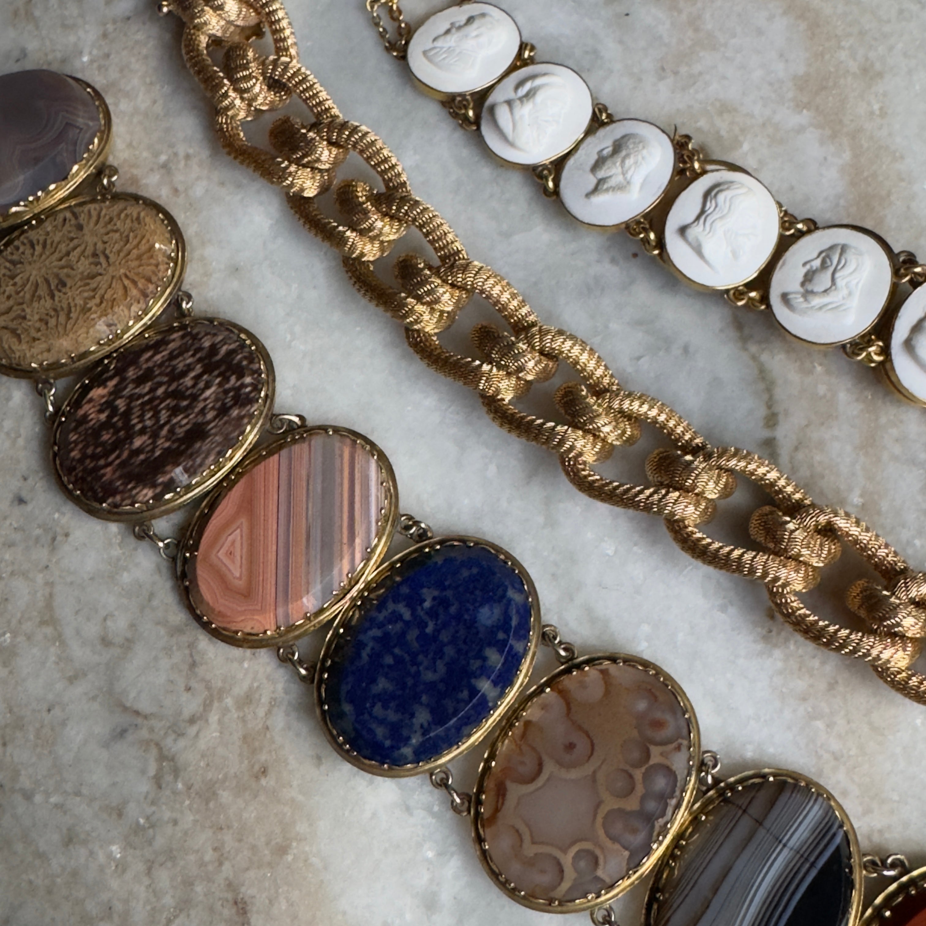 Antique Victorian 15k Mixed Agate & Semiprecious Stone Oval Link Bracelet